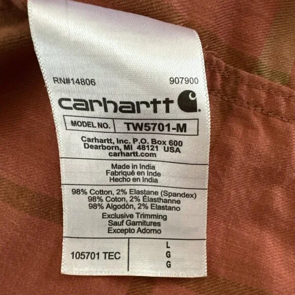 Carhartt Large Relaxed Rugged Flex Button Up Shirt Mens Orange Plaid Workwear - Picture 12 of 14